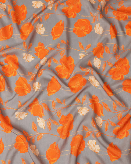Grey Orange Floral Printed Viscose Fabric Raw Silk Finish Elegant Soft Dress Material 110 Cms India-D27331