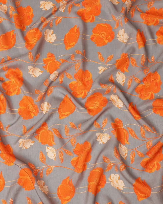 Grey Orange Floral Printed Viscose Fabric Raw Silk Finish Elegant Soft Dress Material 110 Cms India-D27331