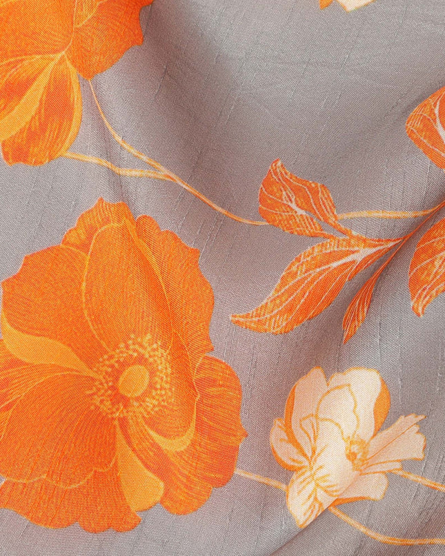 Grey Orange Floral Printed Viscose Fabric Raw Silk Finish Elegant Soft Dress Material 110 Cms India-D27331