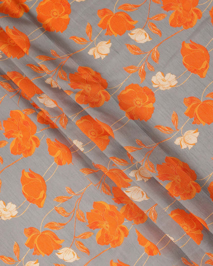 Grey Orange Floral Printed Viscose Fabric Raw Silk Finish Elegant Soft Dress Material 110 Cms India-D27331