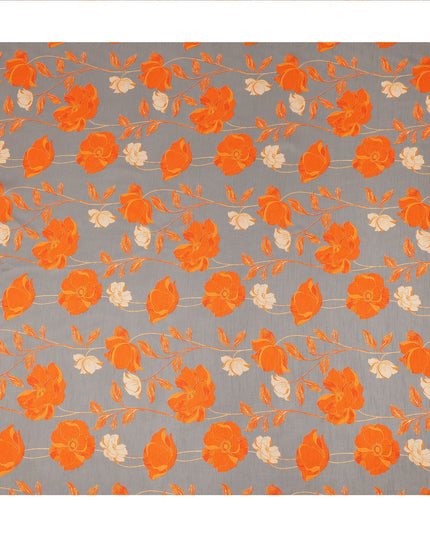 Grey Orange Floral Printed Viscose Fabric Raw Silk Finish Elegant Soft Dress Material 110 Cms India-D27331