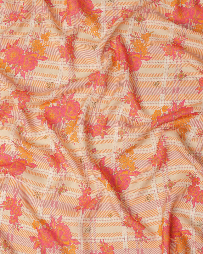 Peach Cream Floral Checked Printed Viscose Fabric with Raw Silk Finish Premium Dress Material 110 Cms India-D27344