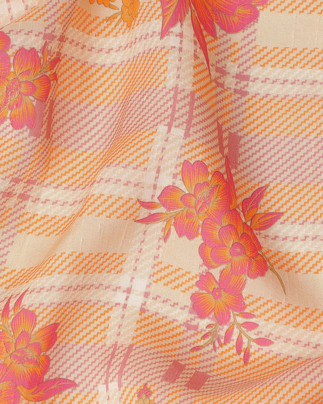 Peach Cream Floral Checked Printed Viscose Fabric with Raw Silk Finish Premium Dress Material 110 Cms India-D27344