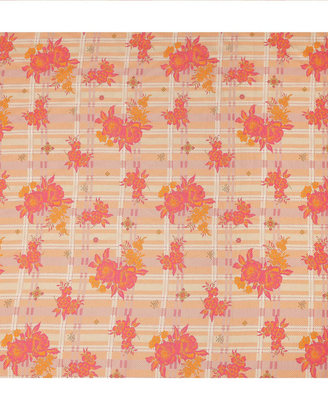 Peach Cream Floral Checked Printed Viscose Fabric with Raw Silk Finish Premium Dress Material 110 Cms India-D27344