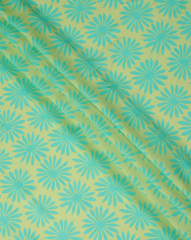 Light Green Teal Floral Printed Viscose Fabric Raw Silk Finish Soft Flowing Dress Material 110 Cms India-D27335
