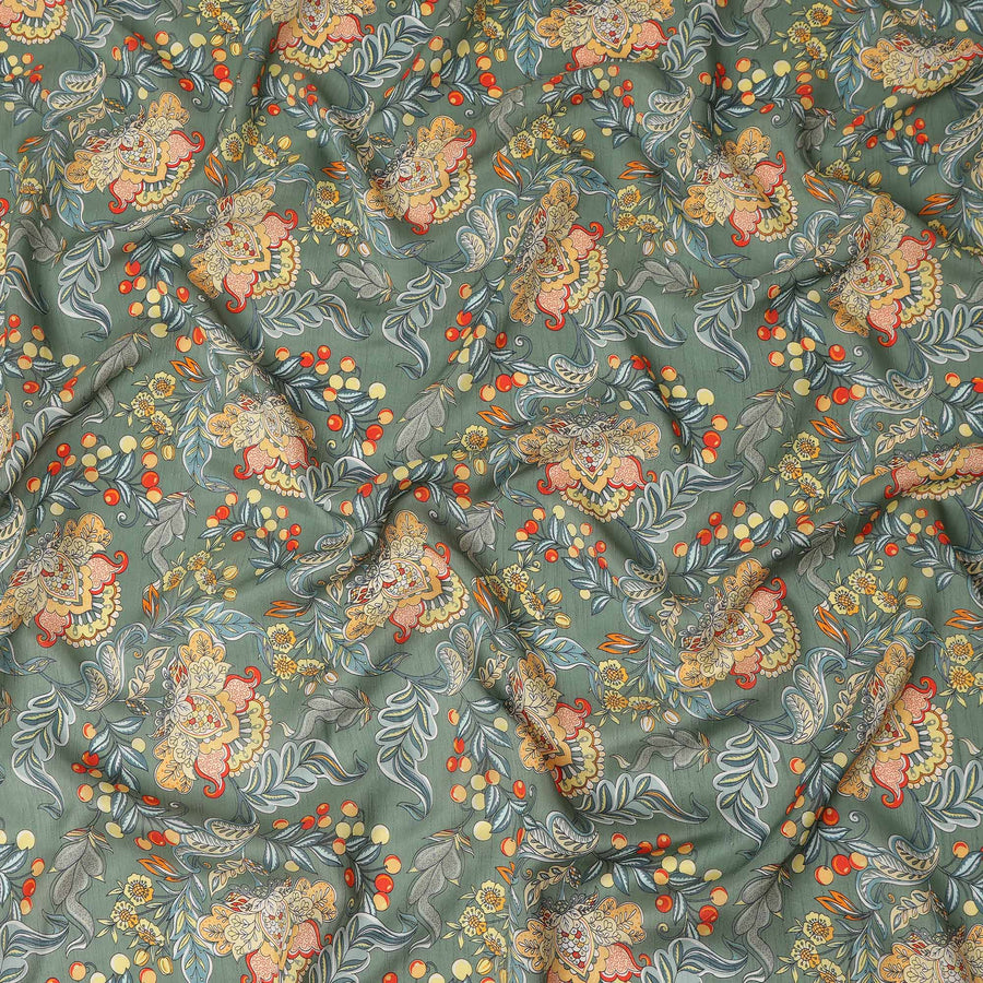 Green Floral Botanical Printed Viscose Fabric with Raw Silk Finish Premium Dress Material 110 Cms India-D27339 Regal Fabrics