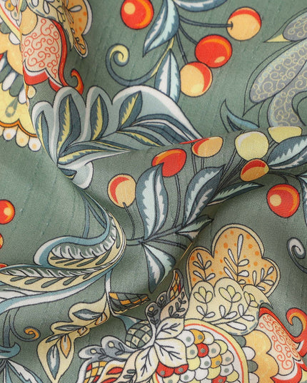 Green Floral Botanical Printed Viscose Fabric with Raw Silk Finish Premium Dress Material 110 Cms India-D27339 Regal Fabrics