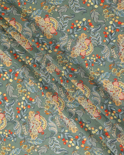 Green Floral Botanical Printed Viscose Fabric with Raw Silk Finish Premium Dress Material 110 Cms India-D27339 Regal Fabrics