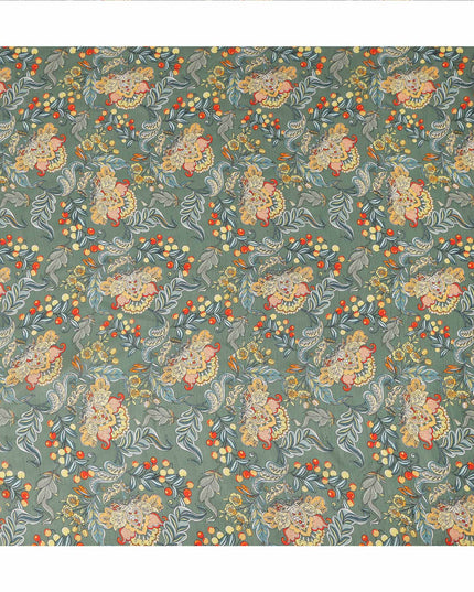 Green Floral Botanical Printed Viscose Fabric with Raw Silk Finish Premium Dress Material 110 Cms India-D27339 Regal Fabrics