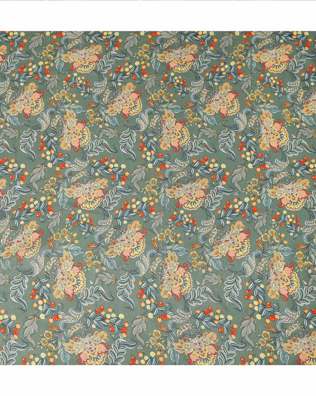 Green Floral Botanical Printed Viscose Fabric with Raw Silk Finish Premium Dress Material 110 Cms India-D27339