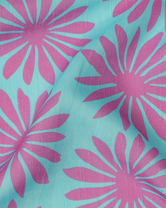 Aqua Magenta Floral Printed Viscose Fabric Raw Silk Finish Soft Stylish Dress Material 110 Cms India-D27337
