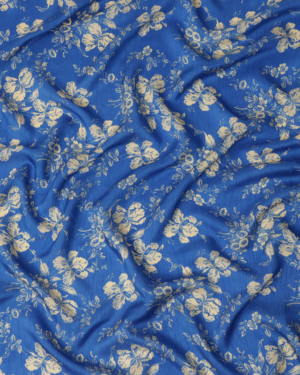 Blue Floral Printed Viscose Fabric Raw Silk Finish Soft Elegant Dress Material 110 Cms India-D27336