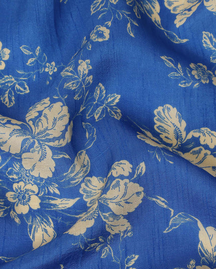 Blue Floral Printed Viscose Fabric Raw Silk Finish Soft Elegant Dress Material 110 Cms India-D27336