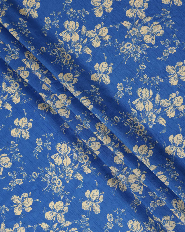 Blue Floral Printed Viscose Fabric Raw Silk Finish Soft Elegant Dress Material 110 Cms India-D27336
