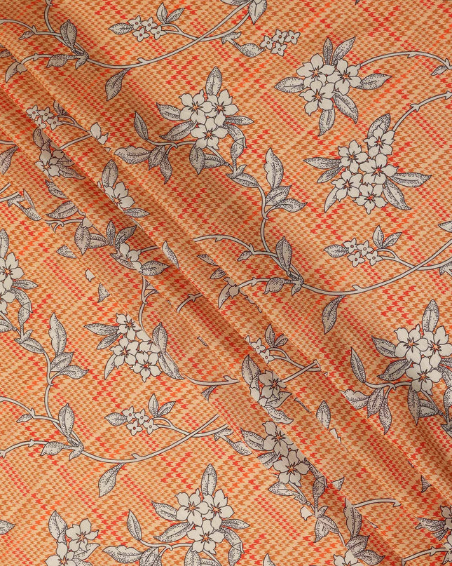 Orange Floral Houndstooth Printed Viscose Fabric with Raw Silk Finish Dress Material 110 Cms India-D27345