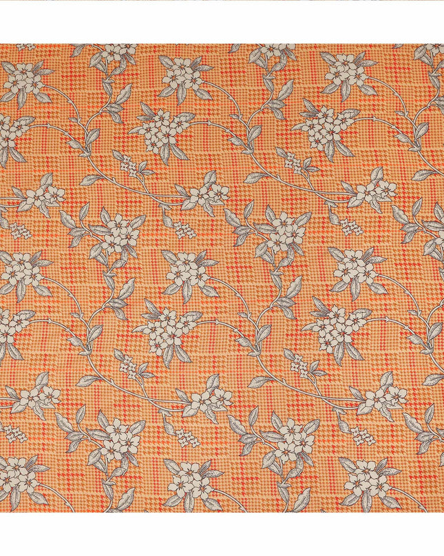 Orange Floral Houndstooth Printed Viscose Fabric with Raw Silk Finish Dress Material 110 Cms India-D27345