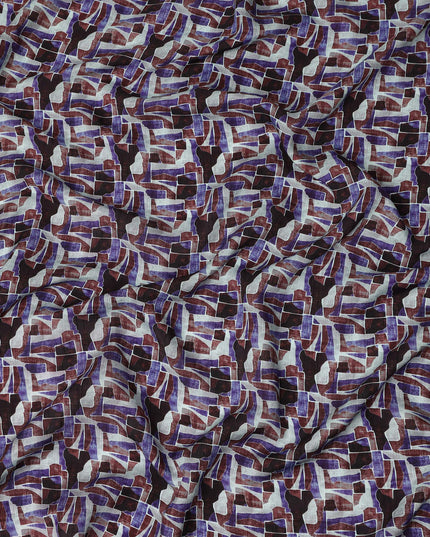 Purple Brown Abstract Geometric Printed Viscose Fabric with Raw Silk Finish 110 Cms India-D27342