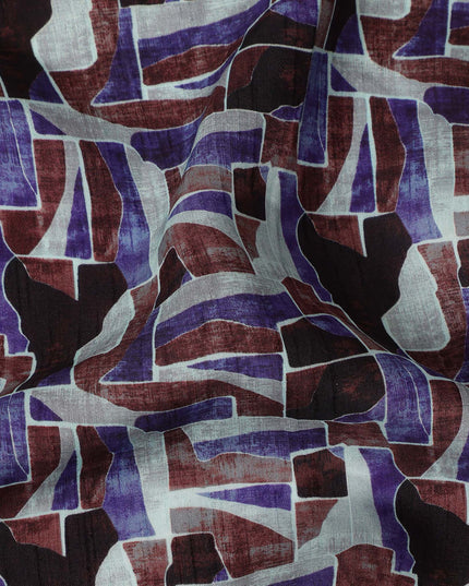 Purple Brown Abstract Geometric Printed Viscose Fabric with Raw Silk Finish 110 Cms India-D27342