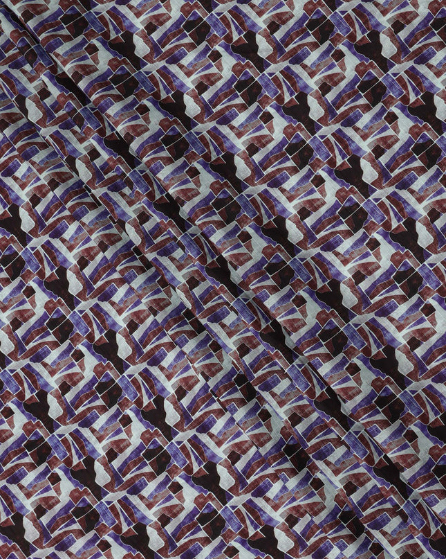 Purple Brown Abstract Geometric Printed Viscose Fabric with Raw Silk Finish 110 Cms India-D27342