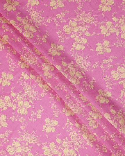 Pink Gold Floral Printed Viscose Fabric Raw Silk Finish Elegant Soft Dress Material 110 Cms India-D27332