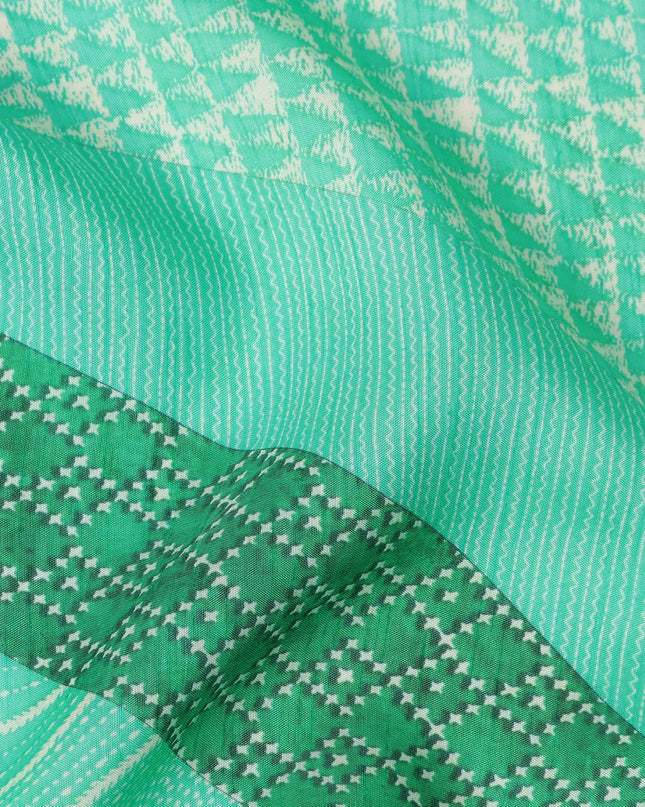 Green Abstract Geometric Printed Viscose Fabric with Raw Silk Finish Premium Dress Material 110 Cms India-D27340