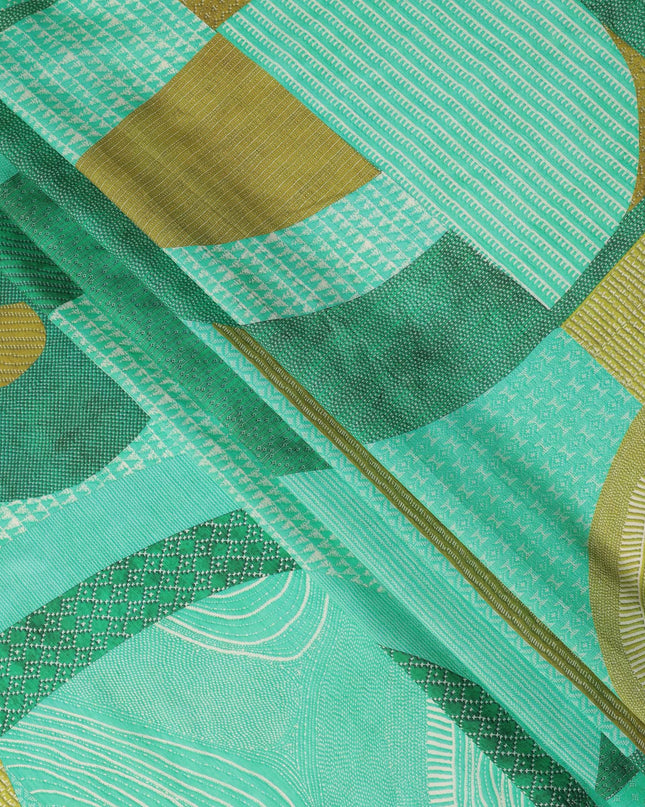 Green Abstract Geometric Printed Viscose Fabric with Raw Silk Finish Premium Dress Material 110 Cms India-D27340
