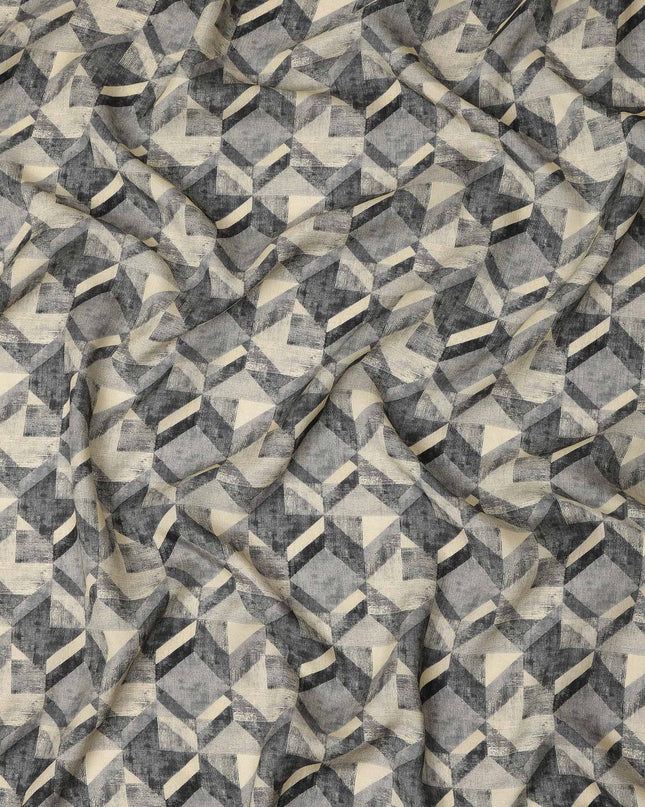 Grey Beige Abstract Geometric Printed Viscose Fabric with Raw Silk Finish 110 Cms India-D27343