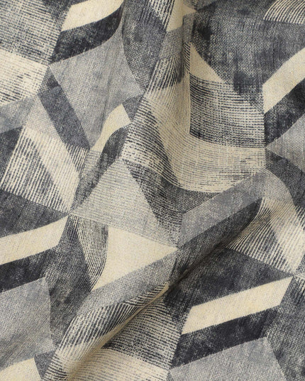 Grey Beige Abstract Geometric Printed Viscose Fabric with Raw Silk Finish 110 Cms India-D27343