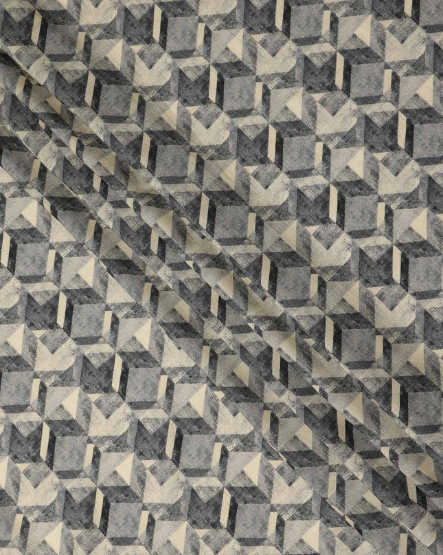 Grey Beige Abstract Geometric Printed Viscose Fabric with Raw Silk Finish 110 Cms India-D27343