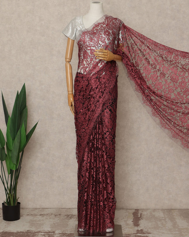 Wine Red Premium French Chantilly Saree Lace Fabric 5.5 Meters x 110 Cms Width Elegant Floral Net Material From France Unstitched Blouse Not Included-D28158