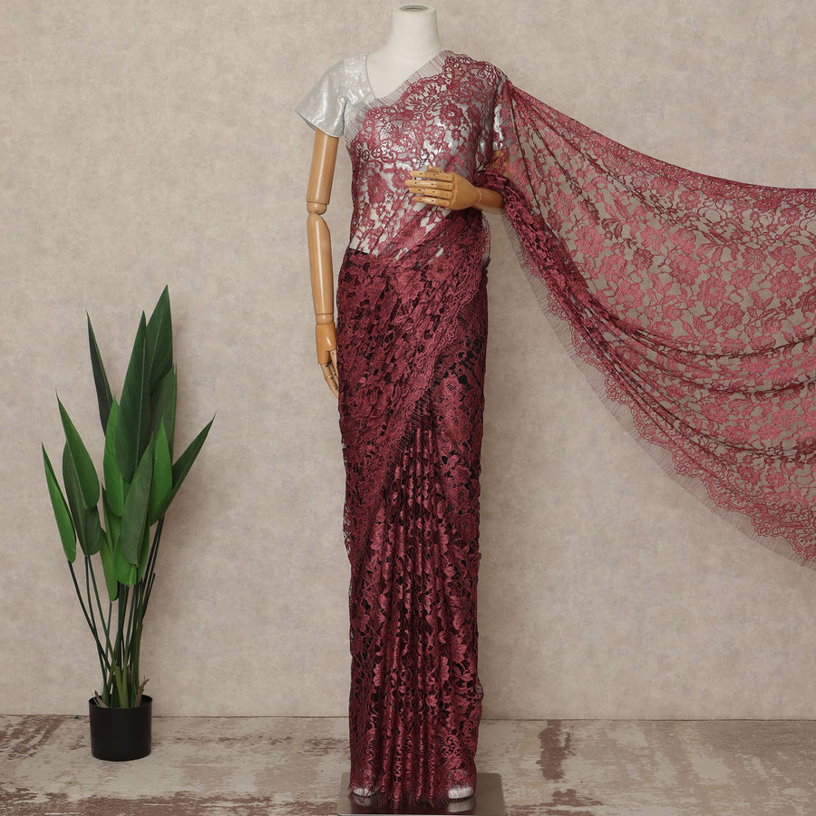 Wine Red Premium French Chantilly Saree Lace Fabric 5.5 Meters x 110 Cms Width Elegant Floral Net Material From France Unstitched Blouse Not Included-D28158