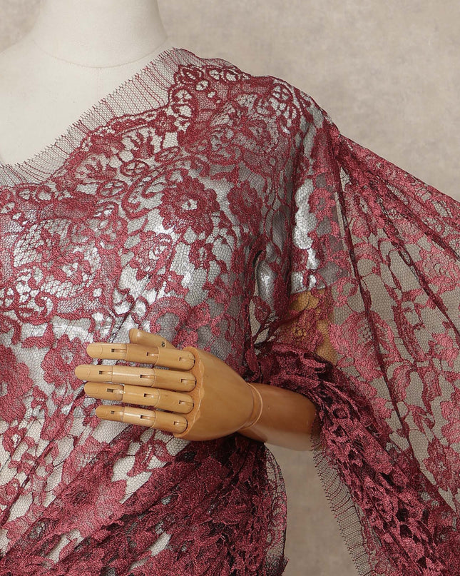 Wine Red Premium French Chantilly Saree Lace Fabric 5.5 Meters x 110 Cms Width Elegant Floral Net Material From France Unstitched Blouse Not Included-D28158
