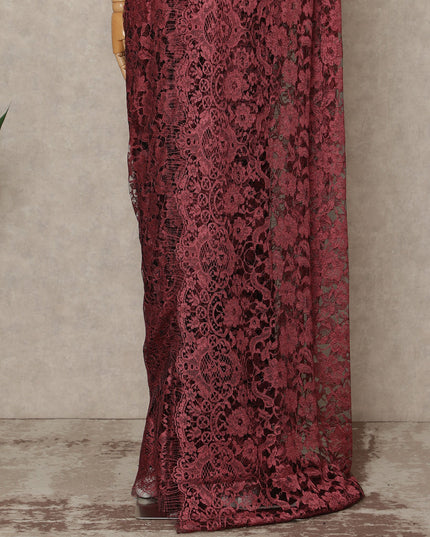 Wine Red Premium French Chantilly Saree Lace Fabric 5.5 Meters x 110 Cms Width Elegant Floral Net Material From France Unstitched Blouse Not Included-D28158
