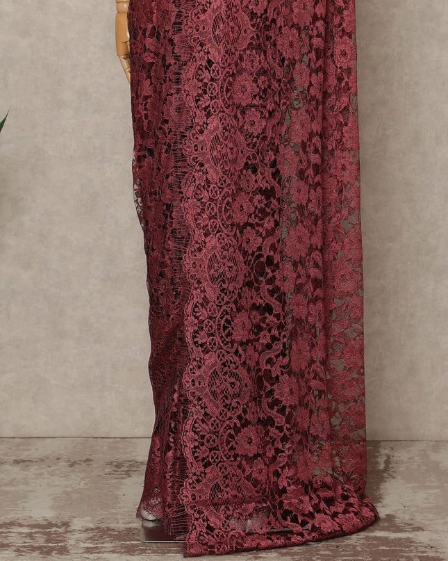 Wine Red Premium French Chantilly Saree Lace Fabric 5.5 Meters x 110 Cms Width Elegant Floral Net Material From France Unstitched Blouse Not Included-D28158
