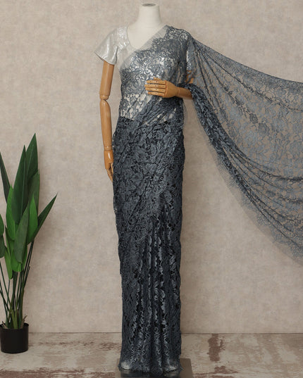 Steel Grey Black Premium French 2 Tone Chantilly Saree Lace Fabric 5.5 Meters x 110 Cms Width Elegant Floral Net Material From France Unstitched Blouse Not Included-D28154