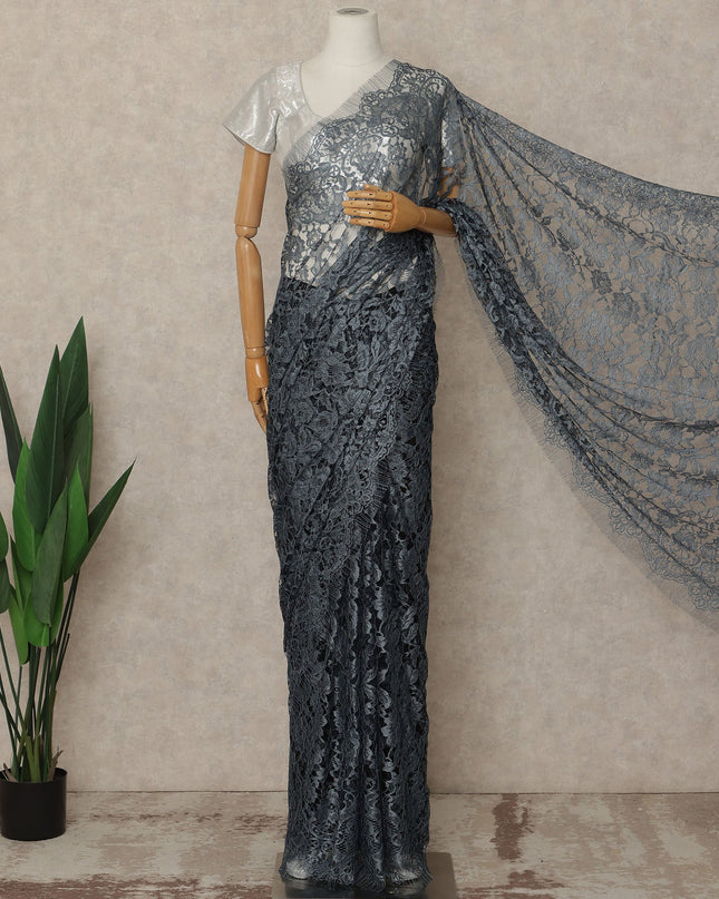 Steel Grey Black Premium French 2 Tone Chantilly Saree Lace Fabric 5.5 Meters x 110 Cms Width Elegant Floral Net Material From France Unstitched Blouse Not Included-D28154
