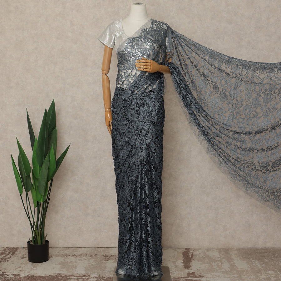 Steel Grey Black Premium French 2 Tone Chantilly Saree Lace Fabric 5.5 Meters x 110 Cms Width Elegant Floral Net Material From France Unstitched Blouse Not Included-D28154