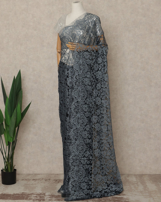Steel Grey Black Premium French 2 Tone Chantilly Saree Lace Fabric 5.5 Meters x 110 Cms Width Elegant Floral Net Material From France Unstitched Blouse Not Included-D28154
