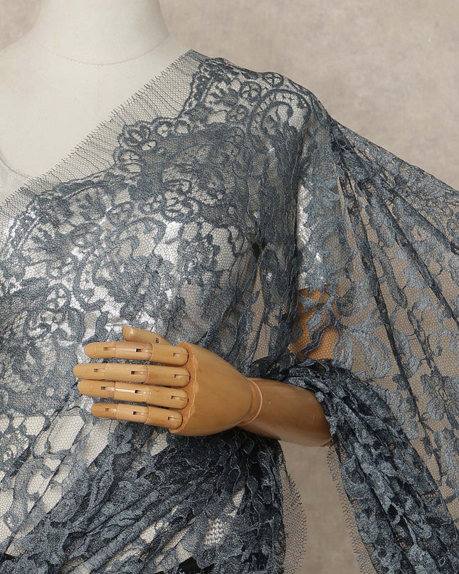 Steel Grey Black Premium French 2 Tone Chantilly Saree Lace Fabric 5.5 Meters x 110 Cms Width Elegant Floral Net Material From France Unstitched Blouse Not Included-D28154