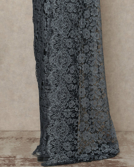 Steel Grey Black Premium French 2 Tone Chantilly Saree Lace Fabric 5.5 Meters x 110 Cms Width Elegant Floral Net Material From France Unstitched Blouse Not Included-D28154