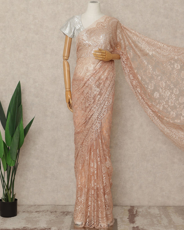 Peachy Pink Premium French Metallic Chantilly Saree Lace Fabric 5.5 Mtrs Length 110 Cms Width Floral Designer Net Drape Material Made In France, Blouse Not Included-D28092