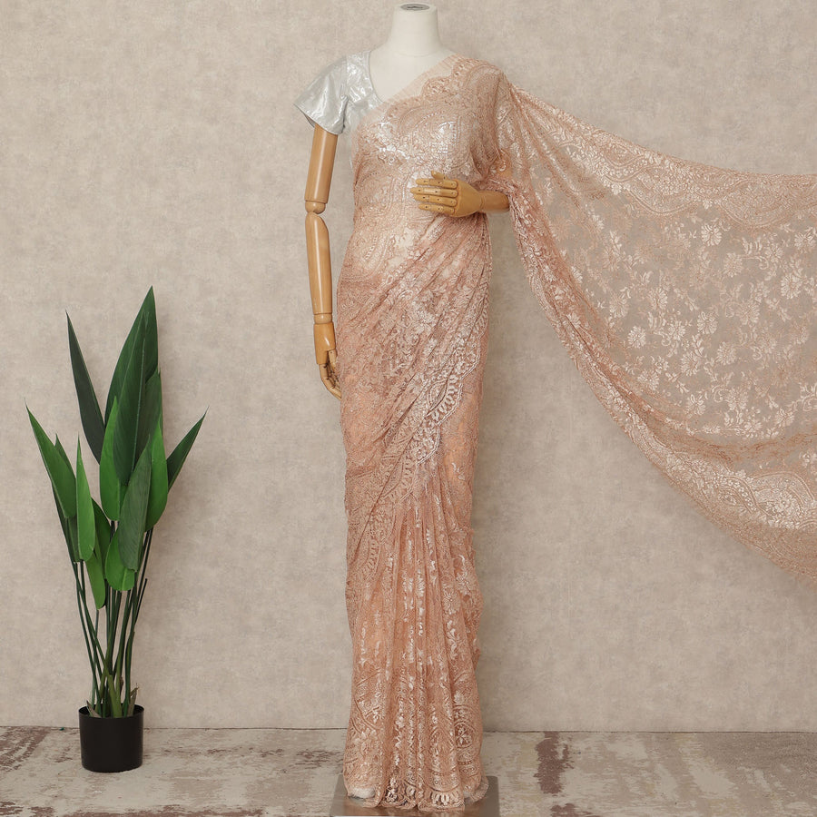 Peachy Pink Premium French Metallic Chantilly Saree Lace Fabric 5.5 Mtrs Length 110 Cms Width Floral Designer Net Drape Material Made In France, Blouse Not Included-D28092 - Regal Fabrics