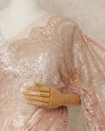 Peachy Pink Premium French Metallic Chantilly Saree Lace Fabric 5.5 Mtrs Length 110 Cms Width Floral Designer Net Drape Material Made In France, Blouse Not Included-D28092 - Regal Fabrics