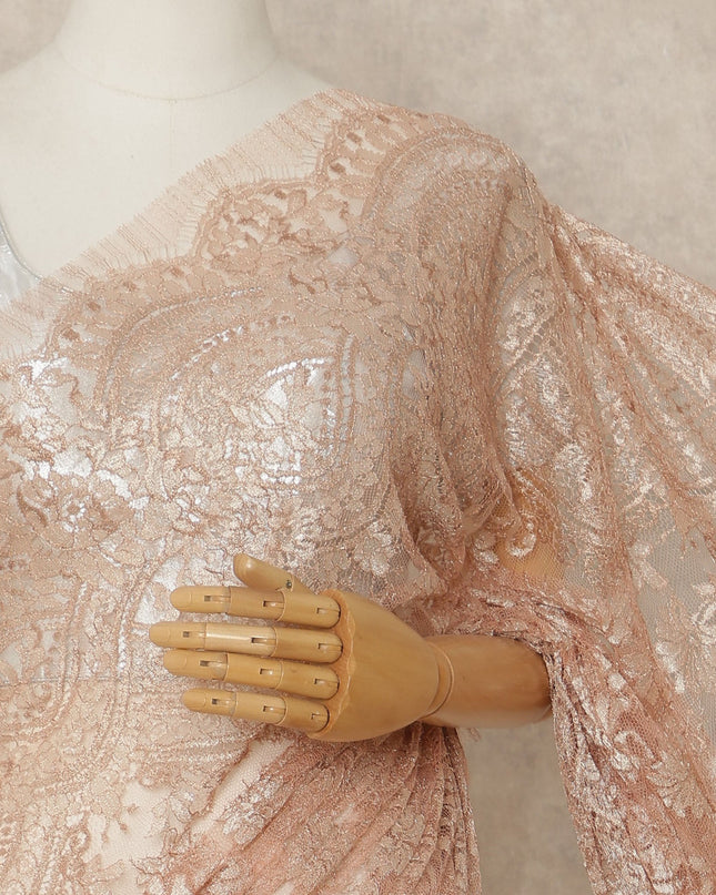 Peachy Pink Premium French Metallic Chantilly Saree Lace Fabric 5.5 Mtrs Length 110 Cms Width Floral Designer Net Drape Material Made In France, Blouse Not Included-D28092