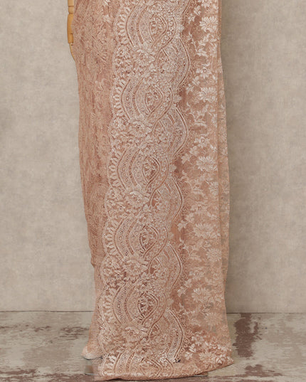 Peachy Pink Premium French Metallic Chantilly Saree Lace Fabric 5.5 Mtrs Length 110 Cms Width Floral Designer Net Drape Material Made In France, Blouse Not Included-D28092 - Regal Fabrics
