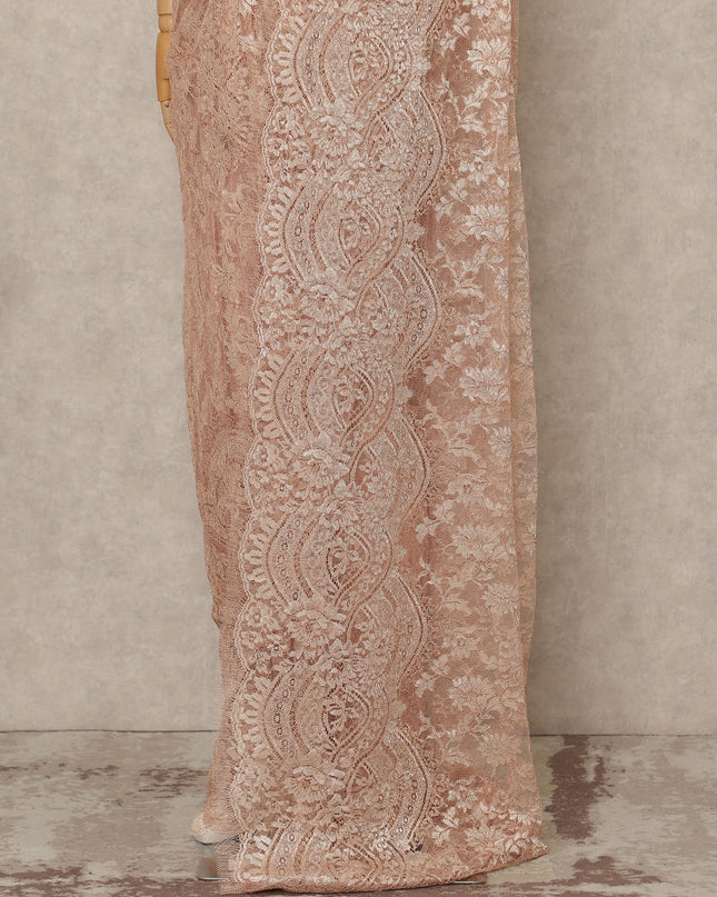 Peachy Pink Premium French Metallic Chantilly Saree Lace Fabric 5.5 Mtrs Length 110 Cms Width Floral Designer Net Drape Material Made In France, Blouse Not Included-D28092