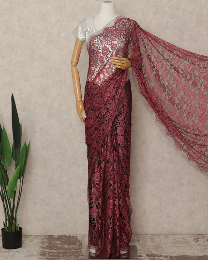 Wine Red French Chantilly Saree Lace Elegant Floral Net Design 5.5 Mtrs Length 110 Cms Width Premium Soft Sheer Fabric France Origin-D28941 Regal Fabrics