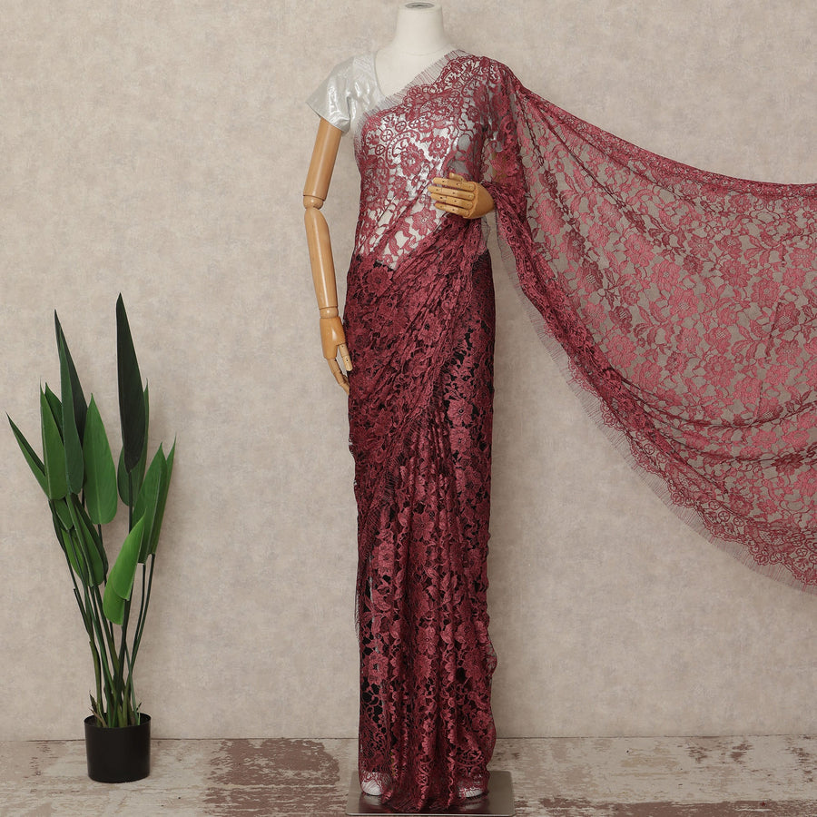 Wine Red French Chantilly Saree Lace Elegant Floral Net Design 5.5 Mtrs Length 110 Cms Width Premium Soft Sheer Fabric France Origin-D28941 Regal Fabrics