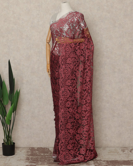 Wine Red French Chantilly Saree Lace Elegant Floral Net Design 5.5 Mtrs Length 110 Cms Width Premium Soft Sheer Fabric France Origin-D28941 Regal Fabrics
