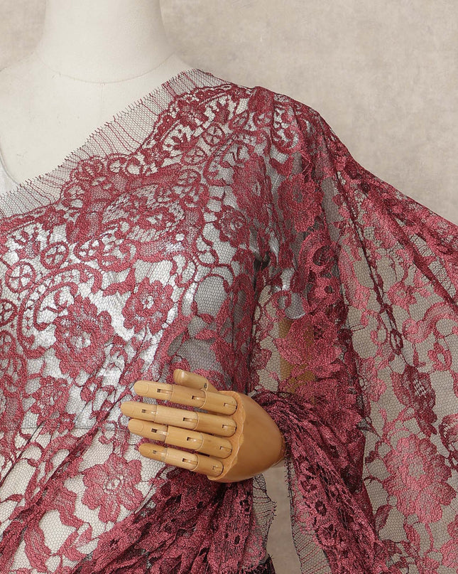 Wine Red French Chantilly Saree Lace Elegant Floral Net Design 5.5 Mtrs Length 110 Cms Width Premium Soft Sheer Fabric France Origin-D28941 Regal Fabrics